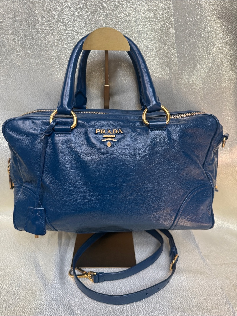 Prada Blue Leather Vitello Shine Leather Bauletto Bag